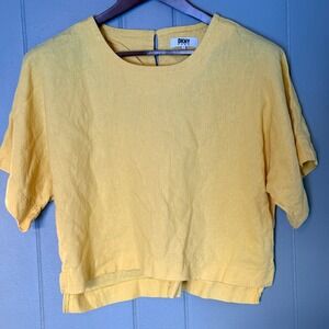 DKNY‎ Pure Butter Yellow Linen Blend Boxy Cropped Top Womens L Spring Summer Top